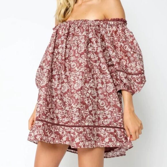 Olivaceous Avery Dress Boho Western Floral Lace Puff Short Sleeve Mini Medium - Picture 1 of 15